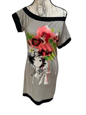 Italy Silk Blend Graphic Art Dress Asymmetrical Sleeve Off Shoulder Bodycon Mini